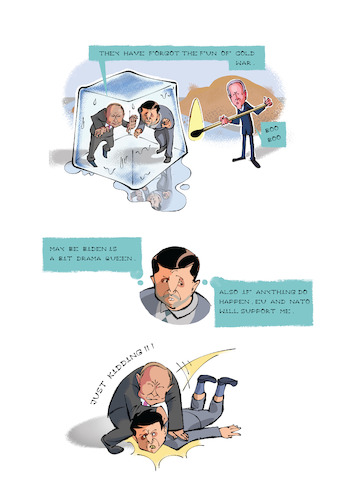 Cartoon: Dare Bear Russia vs Ukraine (medium) by Nasif Ahmed tagged russia,ukraine,budapestmemorandum,putin,volodymyr,zelensky,propaganda,warcrime,eu,nato,coldwar,sovietunion,biden