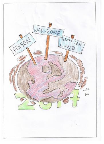 Cartoon: 2017 ZERSTÖRUNG (medium) by skätch-up tagged hilfe,angst,not,faschismus,hass,wut,hunger,terror,schmerz,leid,krieg,müll,zerstörung,planet,welt,erde