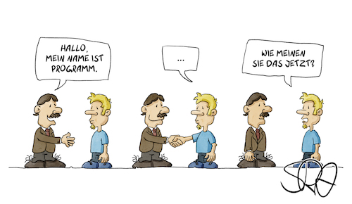 Cartoon: Mein Name ist Programm (medium) by Sven Raschke tagged namen,verwechslung,wortspiel,namen,verwechslung,wortspiel,programm,verwirrung
