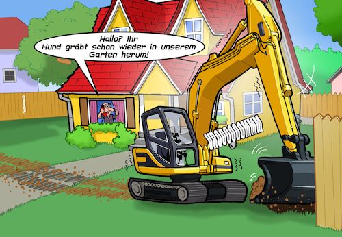 Cartoon: Ausgrabungen (medium) by Chris Berger tagged hund,graben,bagger,nachbar,haus,grundstück,buddeln,erde,hund,graben,bagger,nachbar,haus,grundstück,buddeln,erde