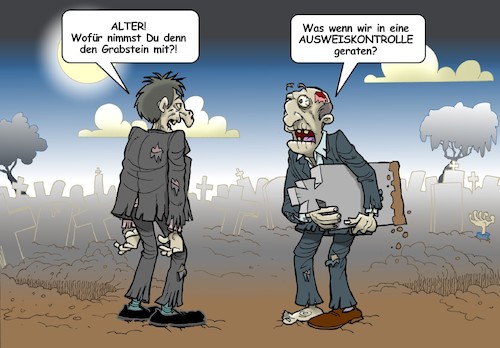 Cartoon: Ausweispflicht (medium) by Joshua Aaron tagged zombies,grabstein,ausweis,kontrolle,zombies,grabstein,ausweis,kontrolle