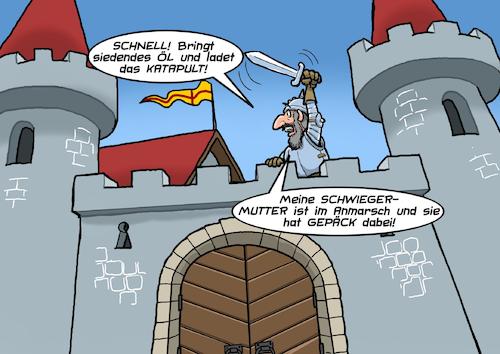 Cartoon: Besuch (medium) by Chris Berger tagged burg,siedendes,pech,öl,katapult,verteidigung,schwiegermutter,ritter,burg,siedendes,pech,öl,katapult,verteidigung,schwiegermutter,ritter