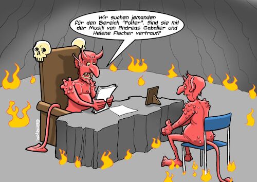 Cartoon: Bewerbung (medium) by Joshua Aaron tagged hölle,teufel,bewerbung,folter,gabalier,fischer,hölle,teufel,bewerbung,folter,gabalier,fischer