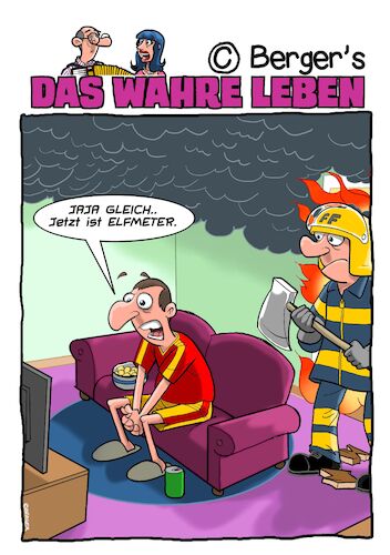 Cartoon: Feurio (medium) by Chris Berger tagged fussball,elfmeter,zuseher,feuerwehr,fussball,elfmeter,zuseher,feuerwehr