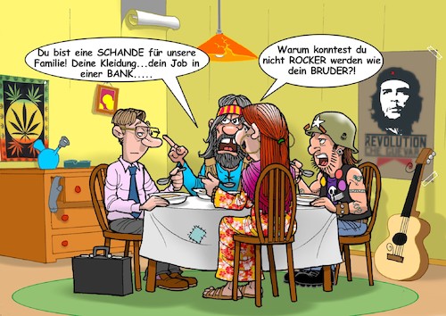 Cartoon: Hippie Eltern (medium) by Joshua Aaron tagged banker,schande,rocker,hippies,schimpfen,peace,love,kapitalisten,kommunisten,banker,schande,rocker,hippies,schimpfen,peace,love,kapitalisten,kommunisten