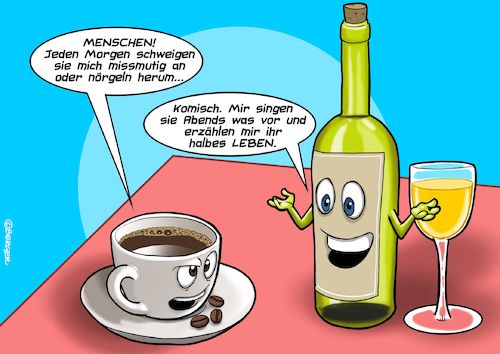 Cartoon: Kaffee Wein (medium) by Chris Berger tagged kaffee,wein,alkohol,stimmungsschwankungen,morgen,abend,frühstück,feiern,kaffee,wein,alkohol,stimmungsschwankungen,morgen,abend,frühstück,feiern