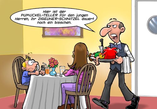 Cartoon: Kinderteller (medium) by Chris Berger tagged pumuckel,kinderteller,gericht,zigeuner,schnitzel,namensgebung,restaurant,angebot,pumuckel,kinderteller,gericht,zigeuner,schnitzel,namensgebung,restaurant,angebot