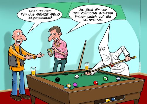 Cartoon: KKK (medium) by Joshua Aaron tagged black,billard,pool,ku,klux,klan,usa,trump,nazi,rechte,glücksspiel,black,billard,pool,ku,klux,klan,usa,trump,nazi,rechte,glücksspiel