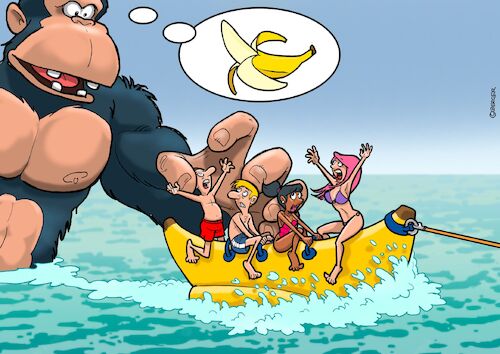 Cartoon: Kong vs Bananaboat (medium) by Joshua Aaron tagged king,kong,banane,boot,urlaub,freizeit,meer,adria,king,kong,banane,boot,urlaub,freizeit,meer,adria
