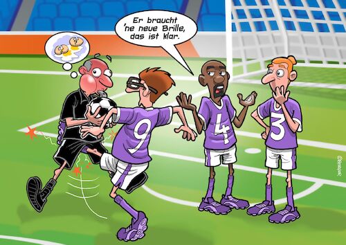 Cartoon: Kurzsichtig (medium) by Chris Berger tagged fussball,soccer,em,wm,verteidigung,spieler,brille,referee,schiedsrichter,fussball,soccer,em,wm,verteidigung,spieler,brille,referee,schiedsrichter