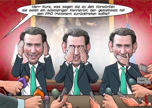 Cartoon: Lästige Fragen (medium) by Joshua Aaron tagged kurz,rücktritt,bundeskanzler,regierung,neu,österreich,ibizagate,övp,fpö,kurz,rücktritt,bundeskanzler,regierung,neu,österreich,ibizagate,övp,fpö