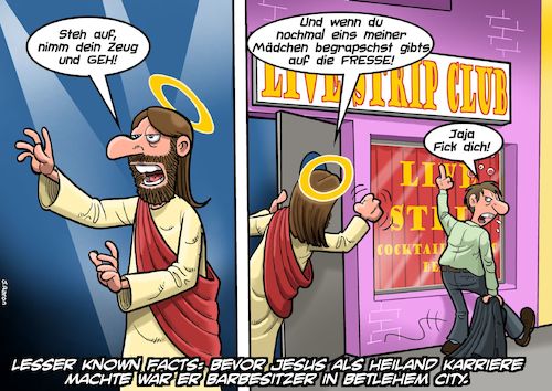 Cartoon: Lesser Known Facts (medium) by Joshua Aaron tagged jesus,striptease,bar,rausschmeisser,jesus,striptease,bar,rausschmeisser