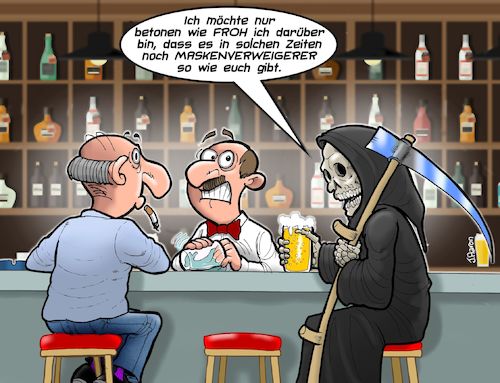 Cartoon: Maskenverweigerer (medium) by Joshua Aaron tagged maskengegner,verschwörungstheoretiker,pandemie,covid,tod,bar,maskengegner,verschwörungstheoretiker,pandemie,covid,tod,bar