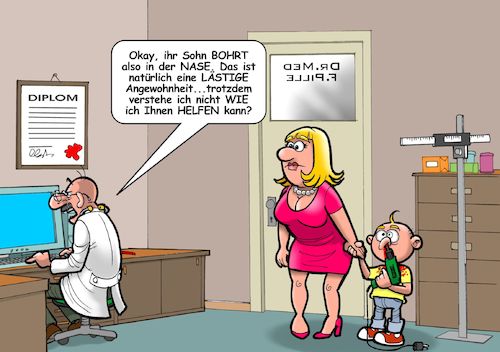 Cartoon: Nasenbohrer (medium) by Joshua Aaron tagged nasenbohren,doktor,kind,mutter,bohrer,nasenbohren,doktor,kind,mutter,bohrer