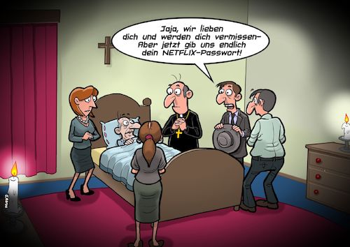 Cartoon: Passwort (medium) by Joshua Aaron tagged tod,sterben,alter,mann,passwort,netflix,familie,pfarrer,sterbezimmer,tod,sterben,alter,mann,passwort,netflix,familie,pfarrer,sterbezimmer