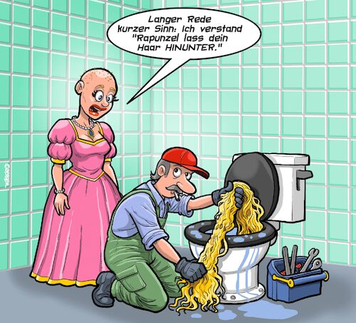 Cartoon: Rapunzel mal wieder (medium) by Chris Berger tagged rapunzel,haar,installateur,klempner,klo,verstopfung,märchen,prinz,rapunzel,haar,installateur,klempner,klo,verstopfung,märchen,prinz