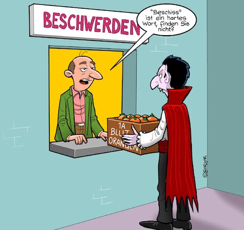 Cartoon: Reklamation (medium) by Chris Berger tagged dracula,vampir,blut,orangen,dracula,vampir,blut,orangen