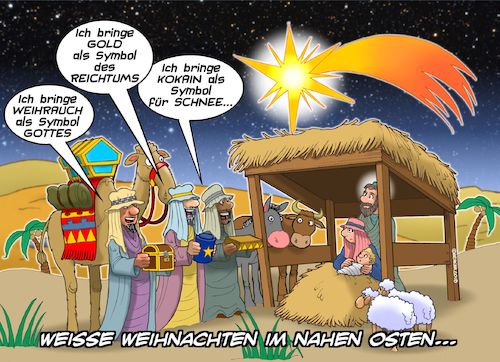 Cartoon: Schnee zu Weihnachten (medium) by Chris Berger tagged glaube,drei,könige,weihnachten,christkind,krippe,geschenke,kokain,coke,glaube,drei,könige,weihnachten,christkind,krippe,geschenke,kokain,coke