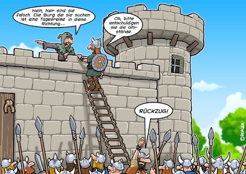 Cartoon: wrong castle (medium) by Joshua Aaron tagged burg,ritter,raubritter,kreuzzug,überfall,mittelalter,gps,burg,ritter,raubritter,kreuzzug,überfall,mittelalter,gps