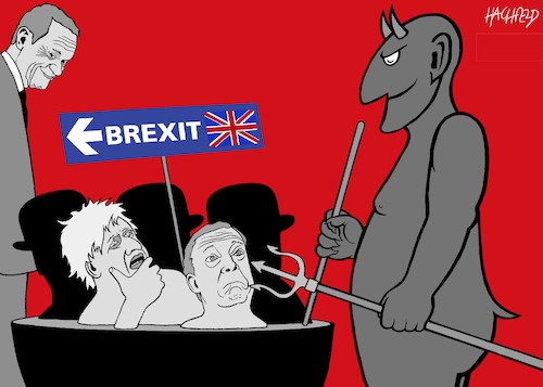 Cartoon: Brexiteers in der Hölle (medium) by Hachfeld tagged brexit,dolad,tusk,boris,johnson,nigel,farage