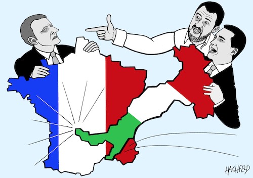 Cartoon: Hallo Nachbar! (medium) by Hachfeld tagged frankreich,italien,macron,salvini,di,maio