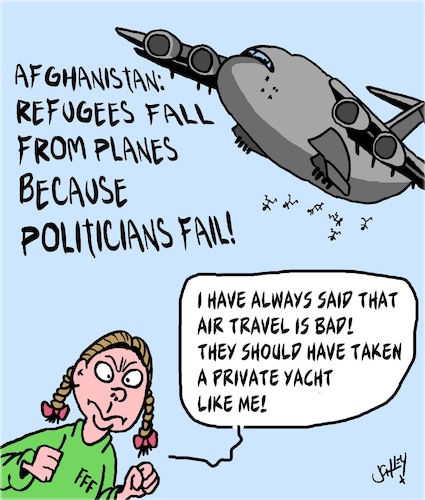 Cartoon: Air Travel is BAD (medium) by Karsten Schley tagged afghanistan,greta,refugees,climate,politicians,war,politics,nato,military,afghanistan,greta,refugees,climate,politicians,war,politics,nato,military