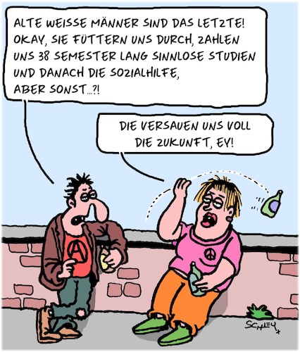 Cartoon: Alte weiße Männer (medium) by Karsten Schley tagged alter,jugend,lebenserfahrung,lebensunterhalt,einkommen,arbeit,bildung,studium,karriere,politik,zukunft,gesellschaft,alter,jugend,lebenserfahrung,lebensunterhalt,einkommen,arbeit,bildung,studium,karriere,politik,zukunft,gesellschaft