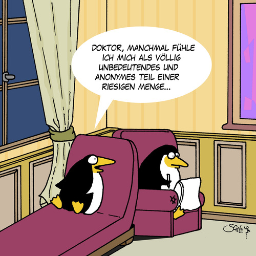 Cartoon: Anonym (medium) by Karsten Schley tagged psychologie,psychiatrie,gesundheit,angst,probleme,pinguine,analyse,natur,tiere,klima,psychologie,psychiatrie,gesundheit,angst,probleme,pinguine,analyse,natur,tiere,klima