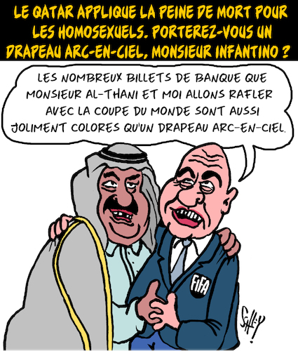 Cartoon: Arc-en-Ciel au Qatar (medium) by Karsten Schley tagged football,fifa,infantino,qatar,homosexuels,medias,diversite,politique,business,sports,football,fifa,infantino,qatar,homosexuels,medias,diversite,politique,business,sports