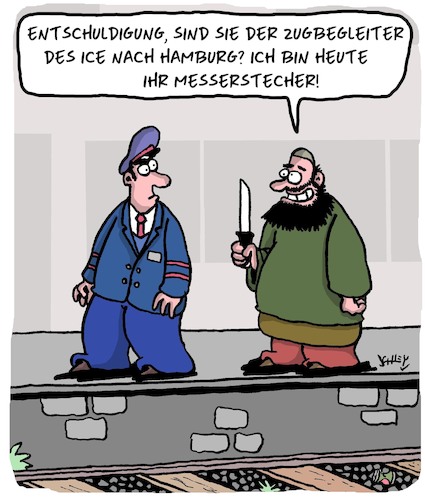 Cartoon: Bahnpersonal (medium) by Karsten Schley tagged bahn,deutschland,personal,immigration,kriminalität,messerstecher,personenverkehr,transport,politik,gesellschaft,bahn,deutschland,personal,immigration,kriminalität,messerstecher,personenverkehr,transport,politik,gesellschaft