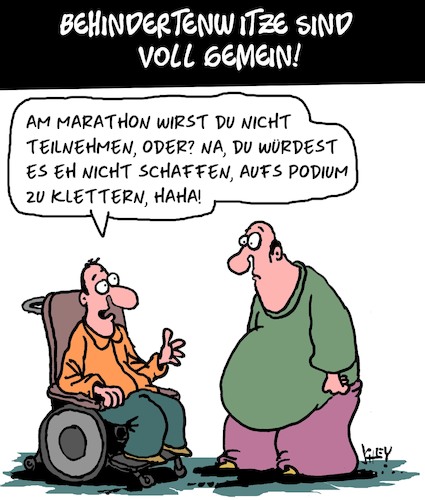 Cartoon: Behindertenwitz (medium) by Karsten Schley tagged gesundheit,behinderungen,sport,marathon,rollstuhlfahrer,fettleibigkeit,ernährung,humor,gesellschaft,gesundheit,behinderungen,sport,marathon,rollstuhlfahrer,fettleibigkeit,ernährung,humor,gesellschaft