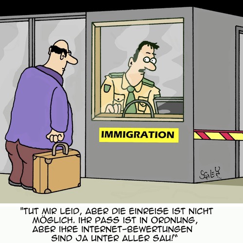 Cartoon: BEWERTUNG (medium) by Karsten Schley tagged internet,einwanderung,tourismus,zoll,immigration,migration,reisen,gesellschaft,internetbewertungen,ratings,internet,einwanderung,tourismus,zoll,immigration,migration,reisen,gesellschaft,internetbewertungen,ratings