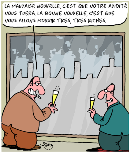 Cartoon: Bonne Nouvelle! (medium) by Karsten Schley tagged profit,capitalisme,fric,environnement,politique,climat,profit,capitalisme,fric,environnement,politique,climat