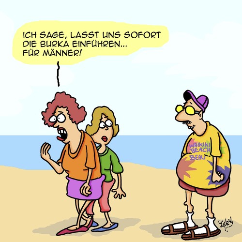 Cartoon: Burqa sofort!! (medium) by Karsten Schley tagged mode,männer,kleidung,geschmack,peinlichkeiten,alter,frauen,strand,aussehen,mode,männer,kleidung,geschmack,peinlichkeiten,alter,frauen,strand,aussehen