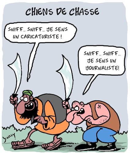 Cartoon: Chiens de Chasse (medium) by Karsten Schley tagged terrorisme,caricatures,journalisme,medias,politique,extremisme,democratie,terrorisme,caricatures,journalisme,medias,politique,extremisme,democratie