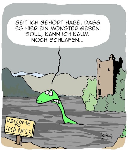 Cartoon: Das Ungeheuer von Loch Ness (medium) by Karsten Schley tagged ungeheuer,monster,aberglaube,mythen,schottland,reisen,tourismus,legenden,nessi,ungeheuer,monster,aberglaube,mythen,schottland,reisen,tourismus,legenden,nessi