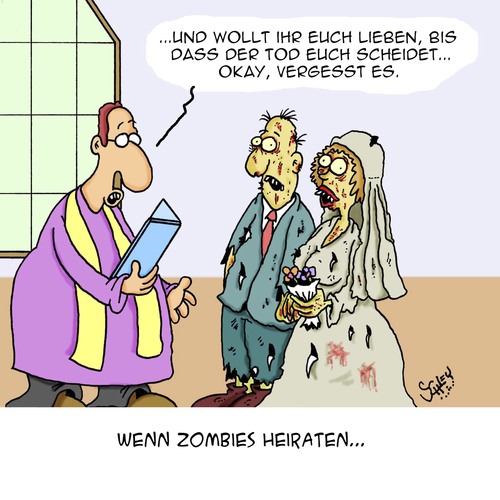 Cartoon: Die Grosse Liebe (medium) by Karsten Schley tagged liebe,heirat,männer,frauen,kirche,trauung,beziehungen,ehe,zombies,liebe,heirat,männer,frauen,kirche,trauung,beziehungen,ehe,zombies