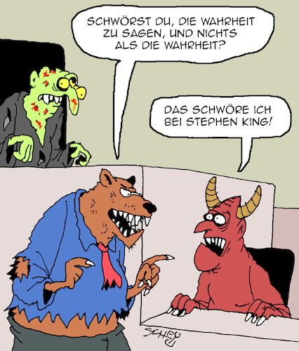 Cartoon: Die Wahrheit (medium) by Karsten Schley tagged literatur,horror,unterhaltung,monster,medien,filme,comics,kultur,gesellschaft,stephen,king,literatur,horror,unterhaltung,monster,medien,filme,comics,kultur,gesellschaft,stephen,king