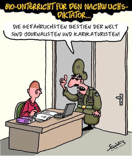 Cartoon: Diktatoren-Ausbildung (medium) by Karsten Schley tagged demokratie,politik,diktaturen,journalisten,karikaturisten,medien,gesellschaft,demokratie,politik,diktaturen,journalisten,karikaturisten,medien,gesellschaft