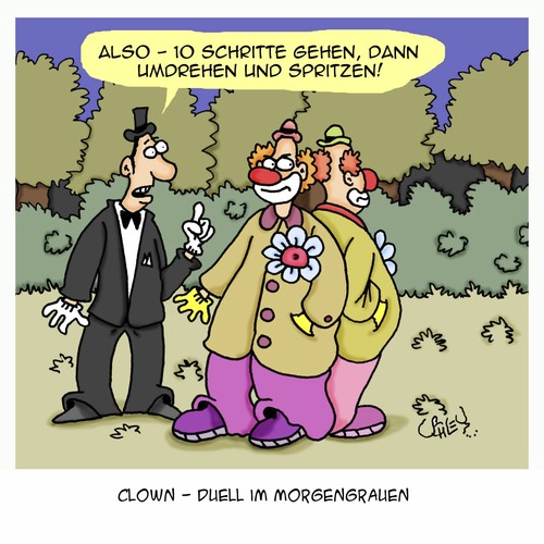 Cartoon: Duell im Morgengrauen (medium) by Karsten Schley tagged konflikt,duell,gewalt,clowns,geschichte,natur,konflikt,duell,gewalt,clowns,geschichte,natur
