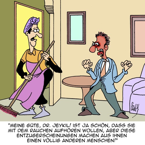 Cartoon: Ein anderer Mensch... (medium) by Karsten Schley tagged rauchen,nichtraucher,gesundheit,entzug,drogen,sucht,drogenentzug,entzugserscheinungen,persönlichkeit,psyche,rauchen,nichtraucher,gesundheit,entzug,drogen,sucht,drogenentzug,entzugserscheinungen,persönlichkeit,psyche