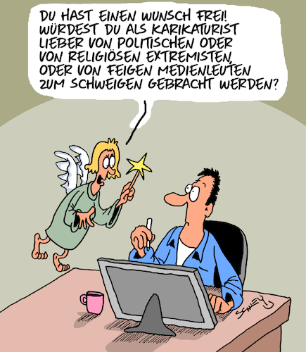Cartoon: Einen Wunsch frei (medium) by Karsten Schley tagged karikaturisten,meinungsfreiheit,religion,politik,medien,extremismus,gesellschaft,demokratie,karikaturisten,meinungsfreiheit,religion,politik,medien,extremismus,gesellschaft,demokratie