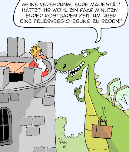 Cartoon: Feuerversicherung (medium) by Karsten Schley tagged märchen,mythen,fantasy,legenden,drachen,könige,versicherungen,vertreter,feuerversicherungen,wirtschaft,business,unterhaltung,literatur,comics,filme,gesellschaft,märchen,mythen,fantasy,legenden,drachen,könige,versicherungen,vertreter,feuerversicherungen,wirtschaft,business,unterhaltung,literatur,comics,filme,gesellschaft