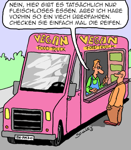 Cartoon: Food Truck (medium) by Karsten Schley tagged ernährung,vegan,gastronomie,business,trends,essen,gesellschaft,ernährung,vegan,gastronomie,business,trends,essen,gesellschaft