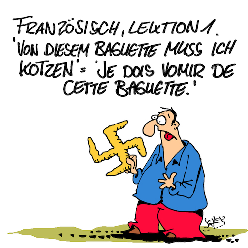 Cartoon: Französisch (medium) by Karsten Schley tagged politik,wahlen,frankreich,populismus,rechtsextremismus,fn,europa,gesellschaft,demokratie,politik,wahlen,frankreich,populismus,rechtsextremismus,fn,europa,gesellschaft,demokratie
