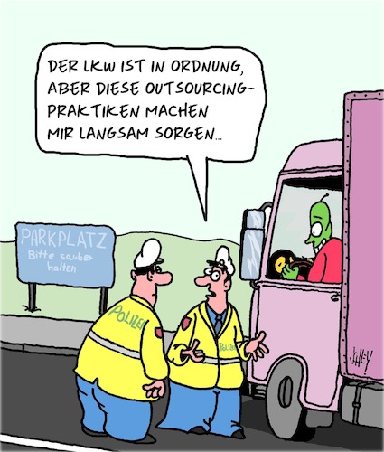 Cartoon: Fremdvergabe (medium) by Karsten Schley tagged outsourcing,transport,lkw,fahrer,wirtschaft,billiglohnländer,profite,steuern,kontrollen,business,polizei,politik,outsourcing,transport,lkw,fahrer,wirtschaft,billiglohnländer,profite,steuern,kontrollen,business,polizei,politik