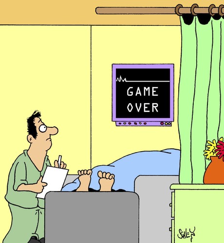 Cartoon: Game Over (medium) by Karsten Schley tagged leben,tod,medizin,ärzte,krankheit,gesundheit,krankenhäuser,krankenkassen,spielen,computerspiele,leben,tod,medizin,ärzte,krankheit,gesundheit,krankenhäuser,krankenkassen,spielen,computerspiele