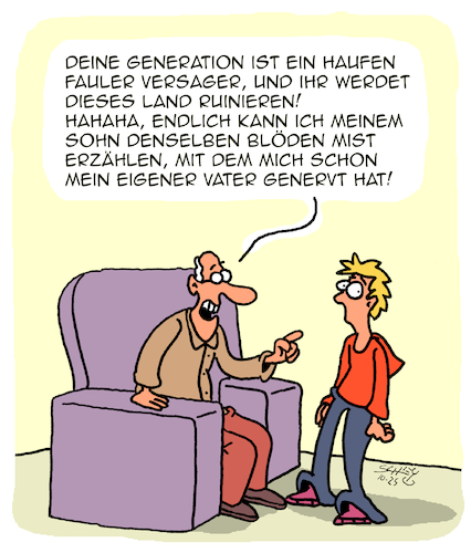Cartoon: Generationen (medium) by Karsten Schley tagged generationen,tradition,generationskonflikt,genz,boomer,eltern,kinder,erziehung,gesellschaft,familie,generationen,tradition,generationskonflikt,genz,boomer,eltern,kinder,erziehung,gesellschaft,familie
