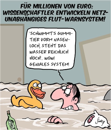 Cartoon: GENIALES Flut - Warnsystem (medium) by Karsten Schley tagged wissenschaft,klima,naturkatastrophen,wetter,flut,zivilschutz,vorsorge,warnungen,politik,gesellschaft,deutschland,wissenschaft,klima,naturkatastrophen,wetter,flut,zivilschutz,vorsorge,warnungen,politik,gesellschaft,deutschland