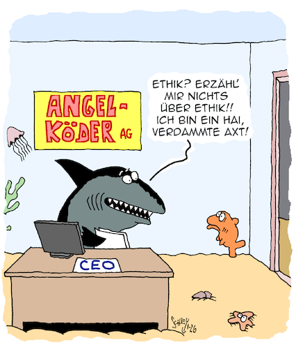 Cartoon: Geschäftsethik (medium) by Karsten Schley tagged ethik,business,wirtschaft,angeln,fischen,köder,umsatz,verkäufe,ceos,haie,ethik,business,wirtschaft,angeln,fischen,köder,umsatz,verkäufe,ceos,haie